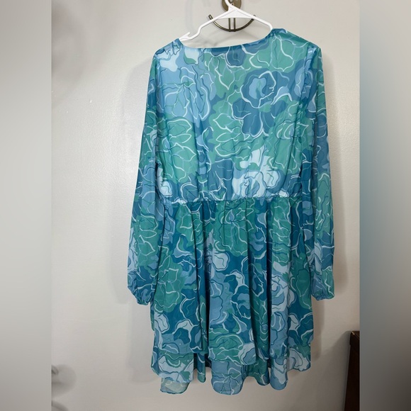 Seta T Women's V Neck Floral Long Sleeve Chiffon Ruffle Mini Dress Green Large - Picture 3 of 7